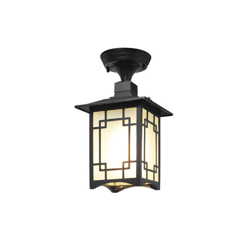 Traditionelle chinesische wasserdichte Eisen-Aluminium-Glas-Zylinder-Pergola 1-Licht Semi-Flush-Mount-Deckenleuchte Außenleuchte für Außenpatio | Brehn