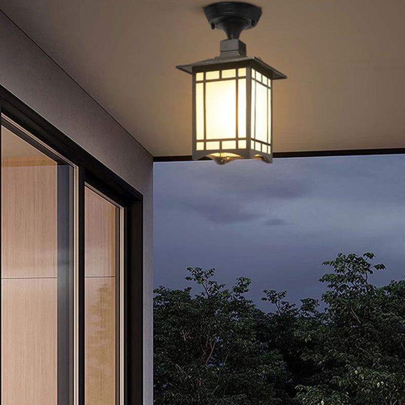 Traditionelle chinesische wasserdichte Eisen-Aluminium-Glas-Zylinder-Pergola 1-Licht Semi-Flush-Mount-Deckenleuchte Außenleuchte für Außenpatio | Brehn