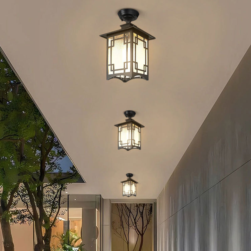 Traditionelle chinesische wasserdichte Eisen-Aluminium-Glas-Zylinder-Pergola 1-Licht Semi-Flush-Mount-Deckenleuchte Außenleuchte für Außenpatio | Brehn