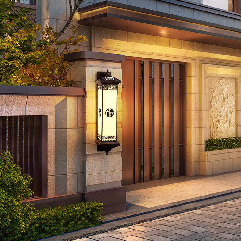 Traditionelle chinesische Solar wasserdichte ABS Aluminium Glas rechteckige Glücks-Reichtum-Muster LED Wandleuchte Lampe für Außenpatio | Brehn