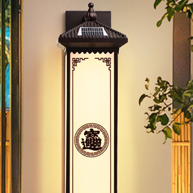 Traditionelle chinesische Solar wasserdichte ABS Aluminium Glas rechteckige Glücks-Reichtum-Muster LED Wandleuchte Lampe für Außenpatio | Brehn