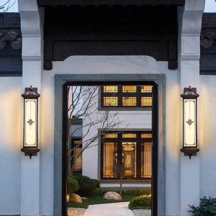 Traditionelle chinesische Solar wasserdichte ABS Aluminium Glas rechteckige Glücks-Reichtum-Muster LED Wandleuchte Lampe für Außenpatio | Brehn