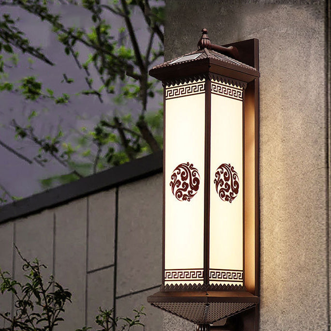Traditionelle chinesische Solar wasserdichte ABS Aluminium Glas rechteckige Glücks-Reichtum-Muster LED Wandleuchte Lampe für Außenpatio | Brehn