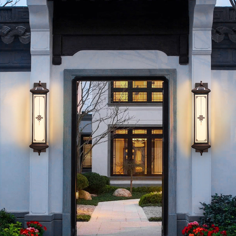 Traditionelle chinesische Solar wasserdichte ABS Aluminium Glas rechteckige Glücks-Reichtum-Muster LED Wandleuchte Lampe für Außenpatio | Brehn