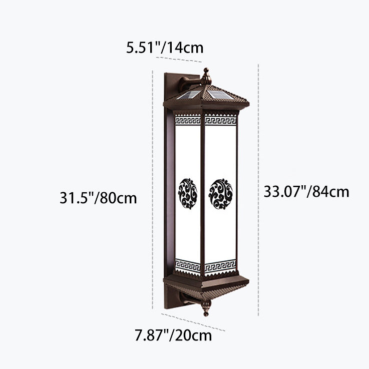 Traditionelle chinesische Solar wasserdichte ABS Aluminium Glas rechteckige Glücks-Reichtum-Muster LED Wandleuchte Lampe für Außenpatio | Brehn