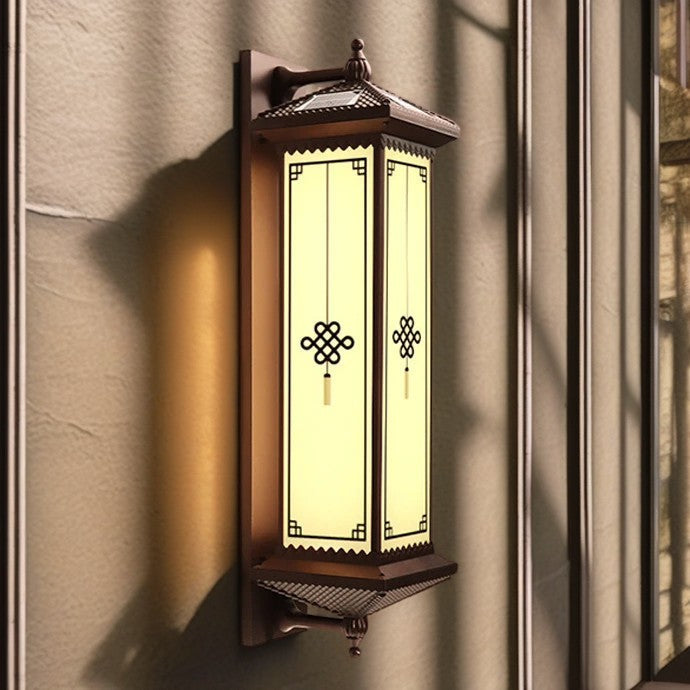 Solarbetriebene, wasserdichte LED-Wandleuchte aus ABS-Aluminium und Glas mit rechteckigem Glücks- und Wohlstandsmotiv für die Terrasse