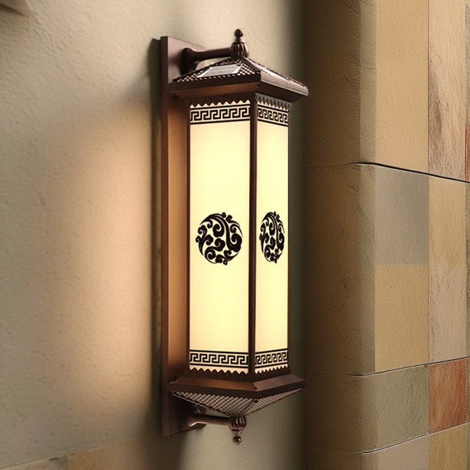 Solarbetriebene, wasserdichte LED-Wandleuchte aus ABS-Aluminium und Glas mit rechteckigem Glücks- und Wohlstandsmotiv für die Terrasse