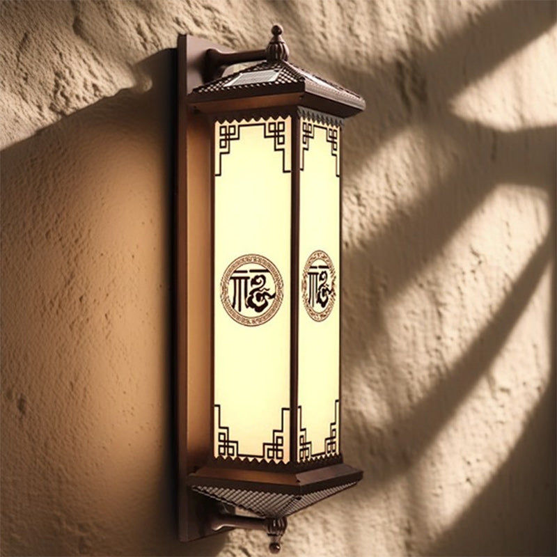 Traditionelle chinesische Solar wasserdichte ABS Aluminium Glas rechteckige Glücks-Reichtum-Muster LED Wandleuchte Lampe für Außenpatio | Brehn