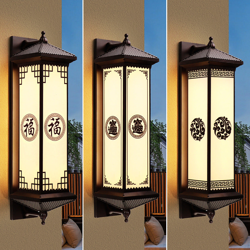 Traditionelle chinesische Solar wasserdichte ABS Aluminium Glas rechteckige Glücks-Reichtum-Muster LED Wandleuchte Lampe für Außenpatio | Brehn