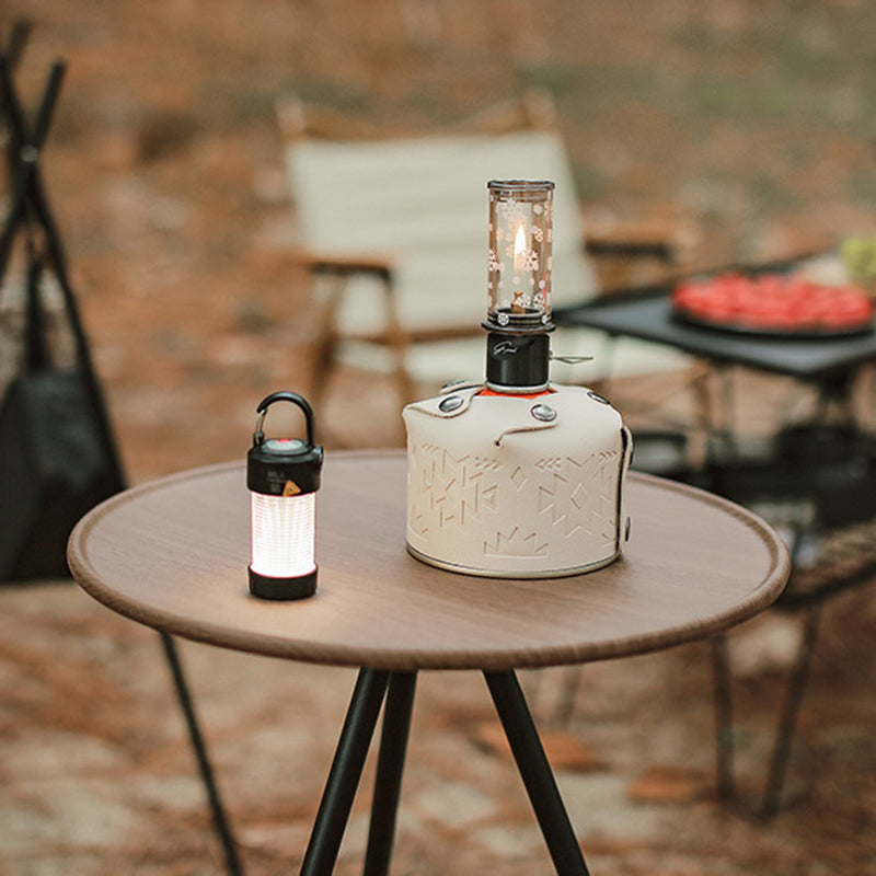 Runder, faltbarer Outdoor-Couchtisch aus Aluminiumlegierung und ABS mit einer Ablagefläche und Lampenhalterung für den Außenbereich