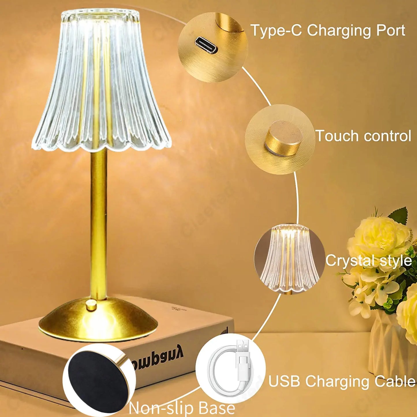 Drahtlose Tischlampe mit Kristalldekor und dimmbarer Beleuchtung - GlamLight | Brehn