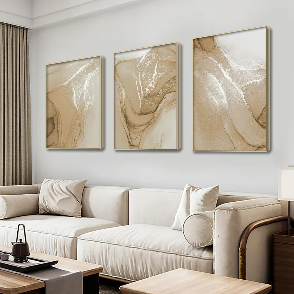 Set von 3 Stücken Beigefarbene Chic Flüssigmarmor Wandkunst Feine Kunst Leinwanddrucke Bilder Für Neutrale Farbige Wohnzimmer Schlafzimmer Kunst Moderne Hausinterieurdekoration