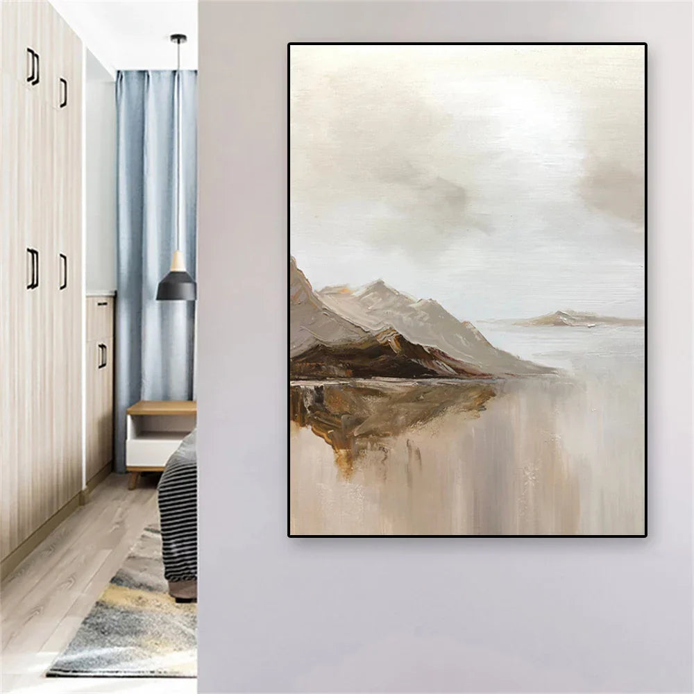 Große Größen Bergsee Landschaft Wandkunst feine Kunst Leinwanddrucke Braun Beige Grau Neutrale Farbe Texturierte abstrakte Bilder für Wohnzimmer Eingangsbereich Foyer Kunst Dekor