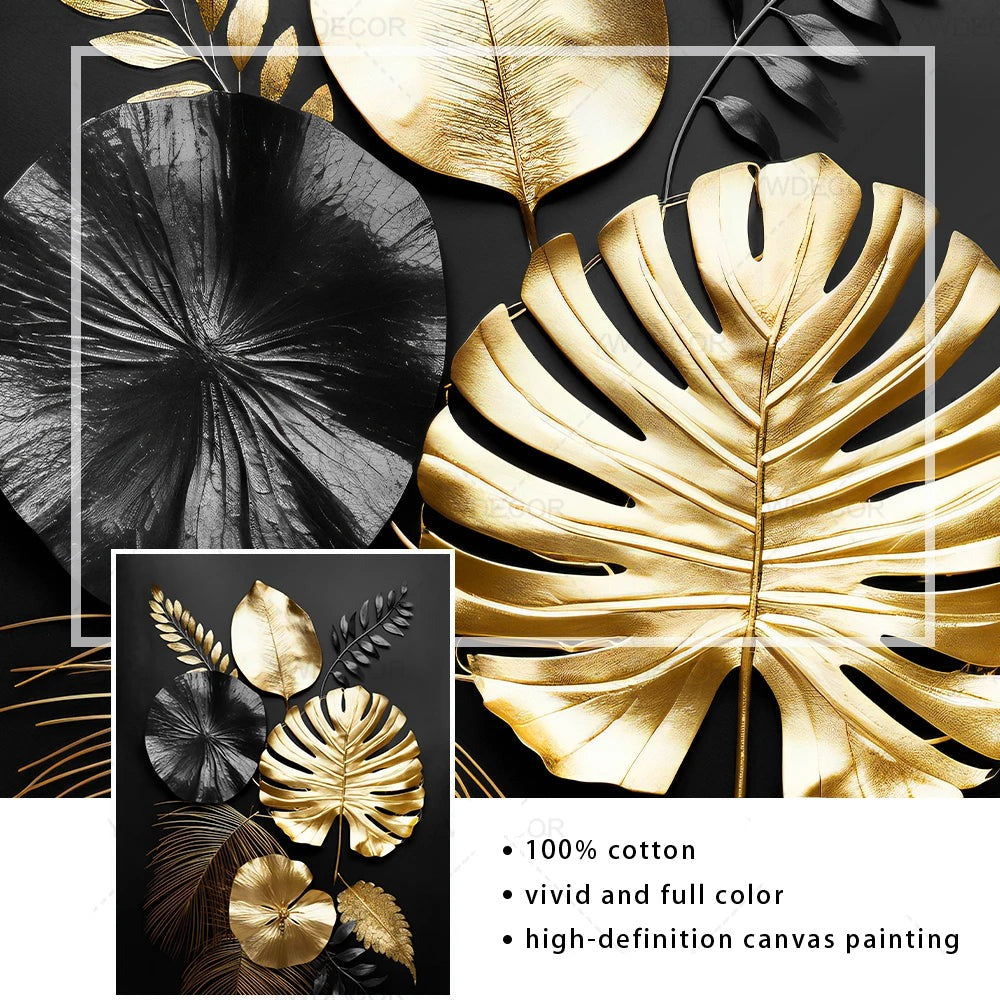 Schwarze Goldene Tropische Blätter Wandkunst Feine Kunst Leinwanddrucke Moderne Botanische Bilder Für Luxuriöses Wohnzimmer Esszimmer Home Office Dekor | Brehn