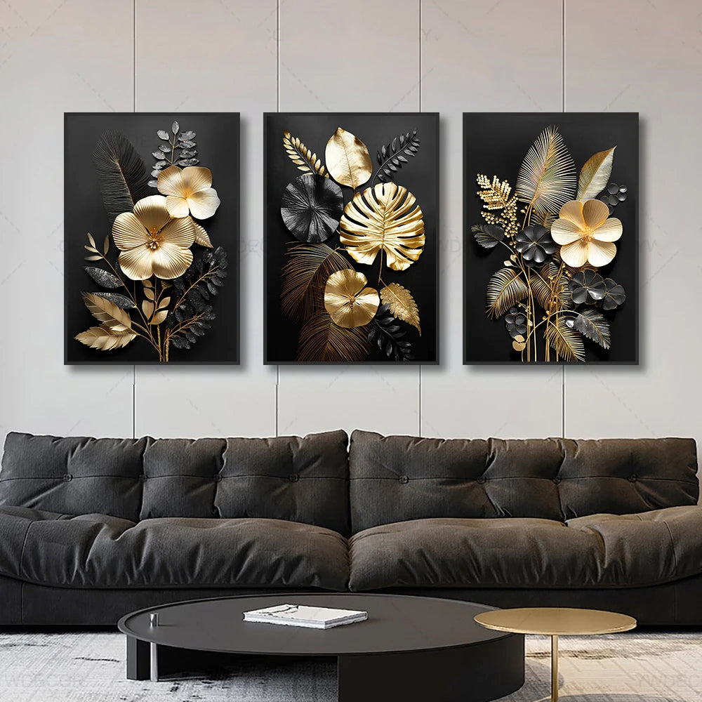 Schwarze Goldene Tropische Blätter Wandkunst Feine Kunst Leinwanddrucke Moderne Botanische Bilder Für Luxuriöses Wohnzimmer Esszimmer Home Office Dekor | Brehn
