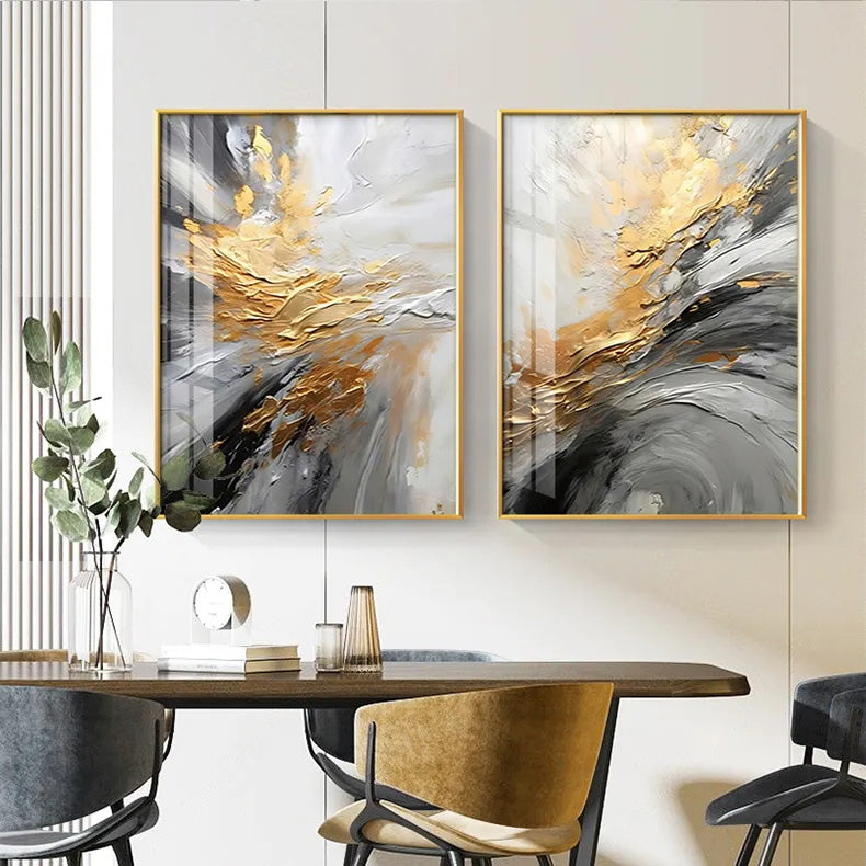 Schwarz Grau Gold Sturm Dick Pinsel Farbe Leinwanddruck Wandkunst Fine Art Giclee Druck Bilder für luxuriöses Wohnzimmer Hotelzimmer Home Office Dekor | Brehn