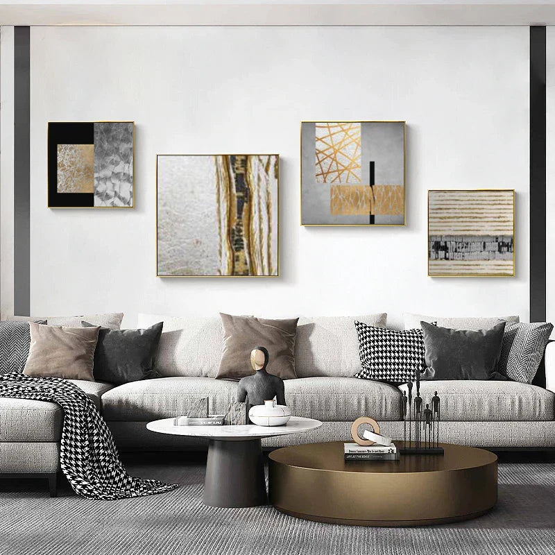 Schwarz Golden Abstrakte Wandkunst Quadratisches Format Fein Kunst Leinwand Drucke Retro Vintage Texturierte Designer Bilder Für Moderne Wohnzimmer Dekor