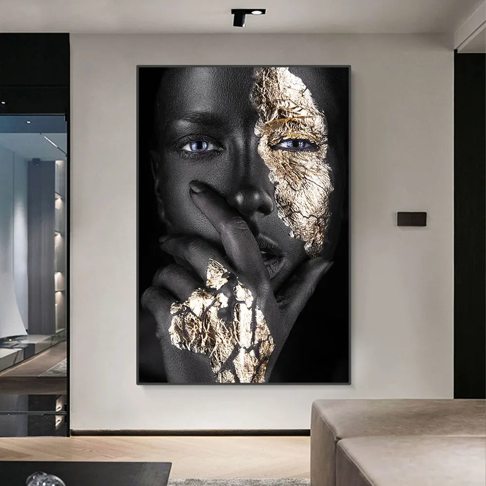 Schwarze Goldene Afrikanische Frau Poster Wandkunst Fine Art Leinwand Druck Porträt Bild Für Modernes Apartment Wohnzimmer Inneneinrichtung
