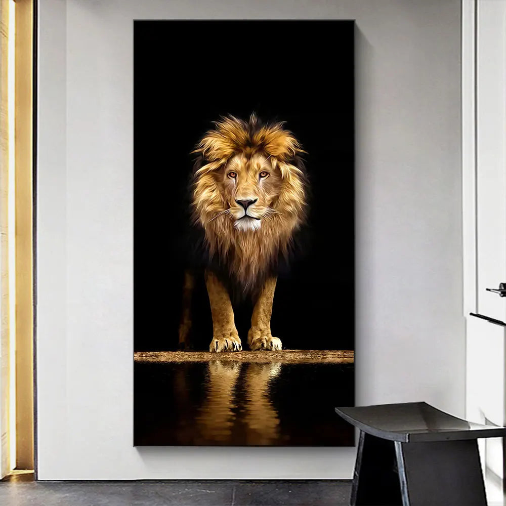 Schwarzer Goldener Löwe Poster Wandkunst Feine Kunst Leinwanddruck Bild für Eingang Flur Wohnzimmer Licht Luxus Wohnkultur
