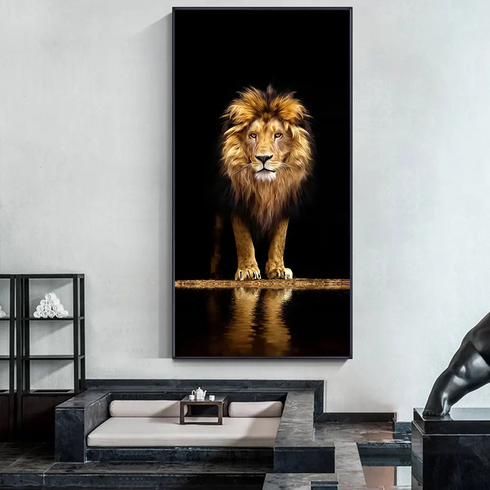 Schwarzer Goldener Löwe Poster Wandkunst Feine Kunst Leinwanddruck Bild für Eingang Flur Wohnzimmer Licht Luxus Wohnkultur