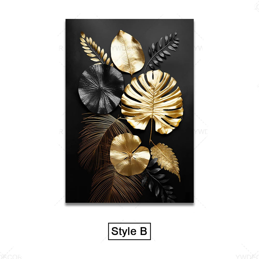 Schwarze Goldene Tropische Blätter Wandkunst Feine Kunst Leinwanddrucke Moderne Botanische Bilder Für Luxuriöses Wohnzimmer Esszimmer Home Office Dekor | Brehn