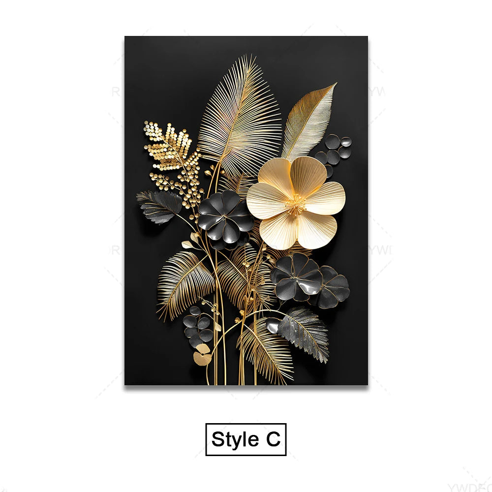 Schwarze Goldene Tropische Blätter Wandkunst Feine Kunst Leinwanddrucke Moderne Botanische Bilder Für Luxuriöses Wohnzimmer Esszimmer Home Office Dekor | Brehn