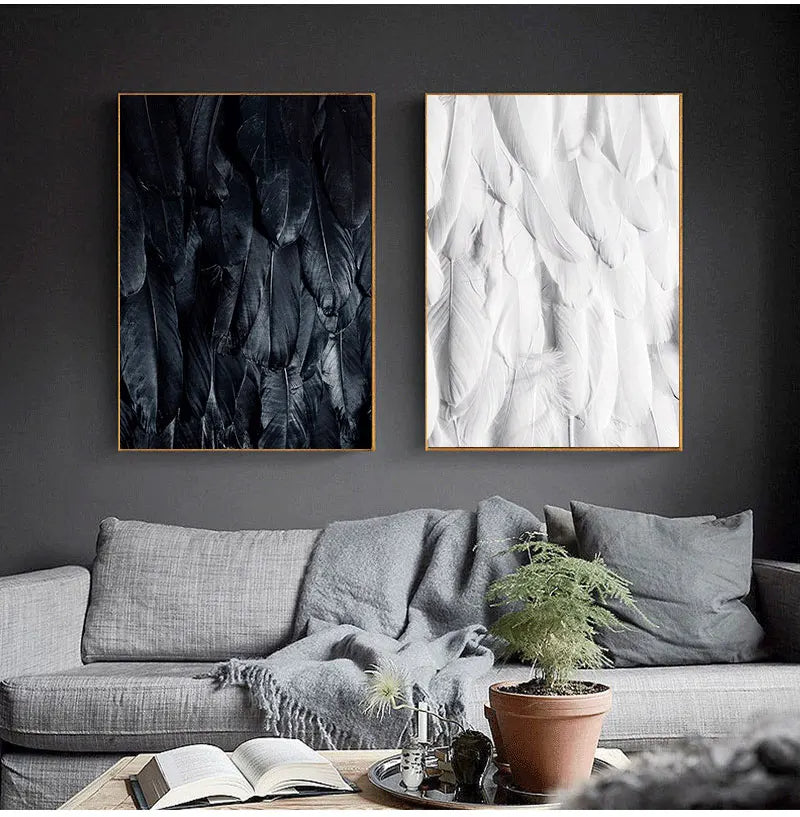 Schwarz Weiß Gold Feder Wandkunst Fine Art Leinwanddrucke Schicke Poster Boutique Mode Bilder Für Wohnzimmer Schlafzimmer Hotel Salon Kunst Dekor