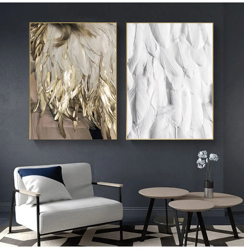 Schwarz Weiß Gold Feder Wandkunst Fine Art Leinwanddrucke Schicke Poster Boutique Mode Bilder Für Wohnzimmer Schlafzimmer Hotel Salon Kunst Dekor
