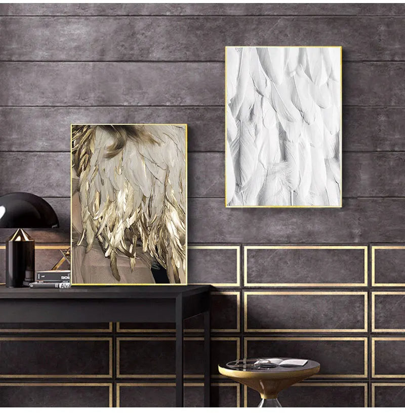 Schwarz Weiß Gold Feder Wandkunst Fine Art Leinwanddrucke Schicke Poster Boutique Mode Bilder Für Wohnzimmer Schlafzimmer Hotel Salon Kunst Dekor