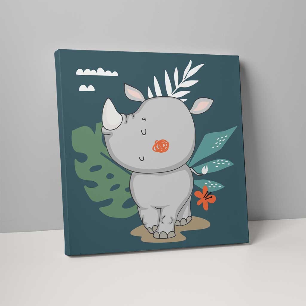 Boho Safari Dschungel-Nashorn Türkisblau und Grau auf Leinwand