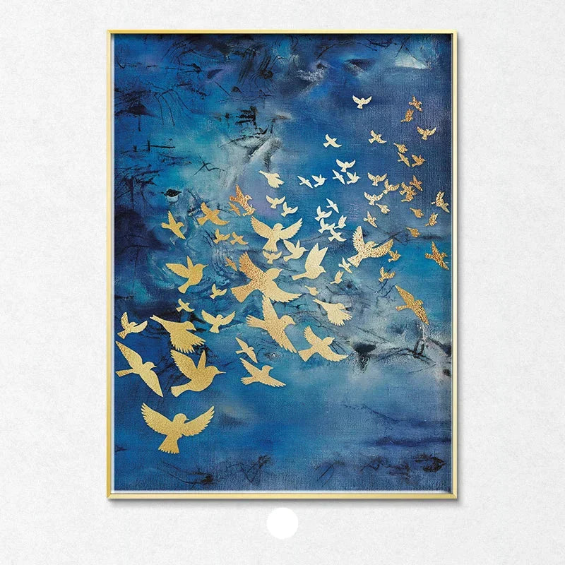 Blaue Goldene Vögel und Schmetterlinge Wandkunst Fein Kunst Leinwanddrucke Glücksbringende Abstrakte Bilder Für Wohnzimmer Schlafzimmer Hotelzimmer Kunst Dekor