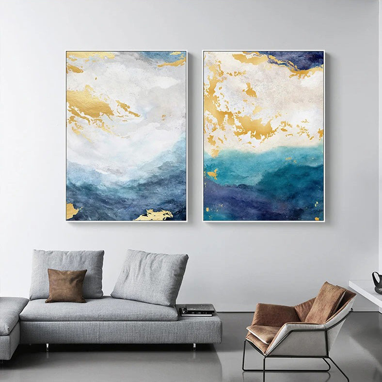 Blaue Goldene Ozeanspray Seestandsabstrakte Wandkunst Feine Kunst Leinwanddrucke Marmor Bilder Für Wohnzimmer Esszimmer Kunst Für zeitgenössische Innenräume