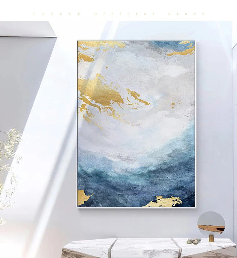 Blaue Goldene Ozeanspray Seestandsabstrakte Wandkunst Feine Kunst Leinwanddrucke Marmor Bilder Für Wohnzimmer Esszimmer Kunst Für zeitgenössische Innenräume