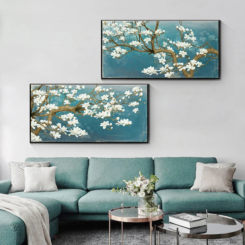 Blaues Jade Weißer Blumenbaum Wandkunst Feine Kunst Leinwanddrucke Moderne Botanische Florale Malerei Bild Für Wohnzimmer Schlafzimmer Kunst Dekor
