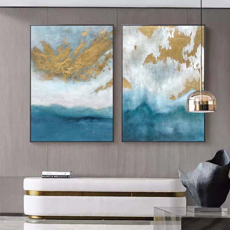 Blaue See Goldene Sand Wandkunst Fine Art Leinwanddrucke Nordische abstrakte Bilder für moderne Apartment Wohnzimmer Schlafzimmer Foyer Kunst Dekor
