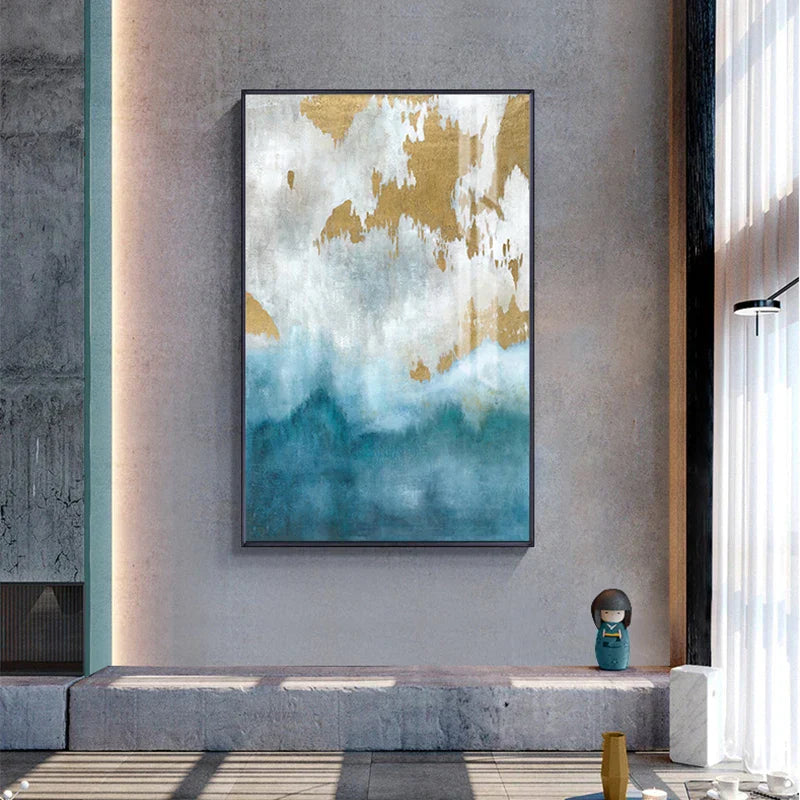 Blaue See Goldene Sand Wandkunst Fine Art Leinwanddrucke Nordische abstrakte Bilder für moderne Apartment Wohnzimmer Schlafzimmer Foyer Kunst Dekor