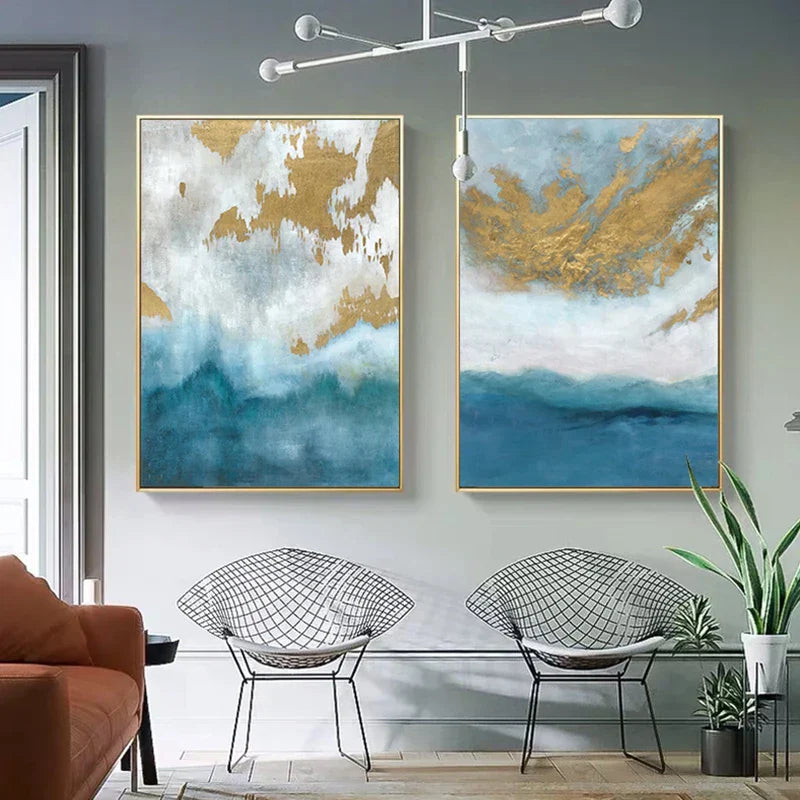 Blaue See Goldene Sand Wandkunst Fine Art Leinwanddrucke Nordische abstrakte Bilder für moderne Apartment Wohnzimmer Schlafzimmer Foyer Kunst Dekor