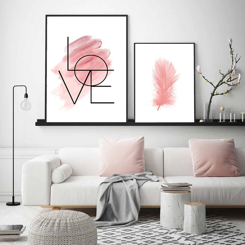 Blush Pink Love Feather Wandkunst Feine Kunst Leinwanddrucke Minimalistische Mode Bilder Für Wohnzimmer Mädchen Schlafzimmer Mode Kunst Dekor | Brehn