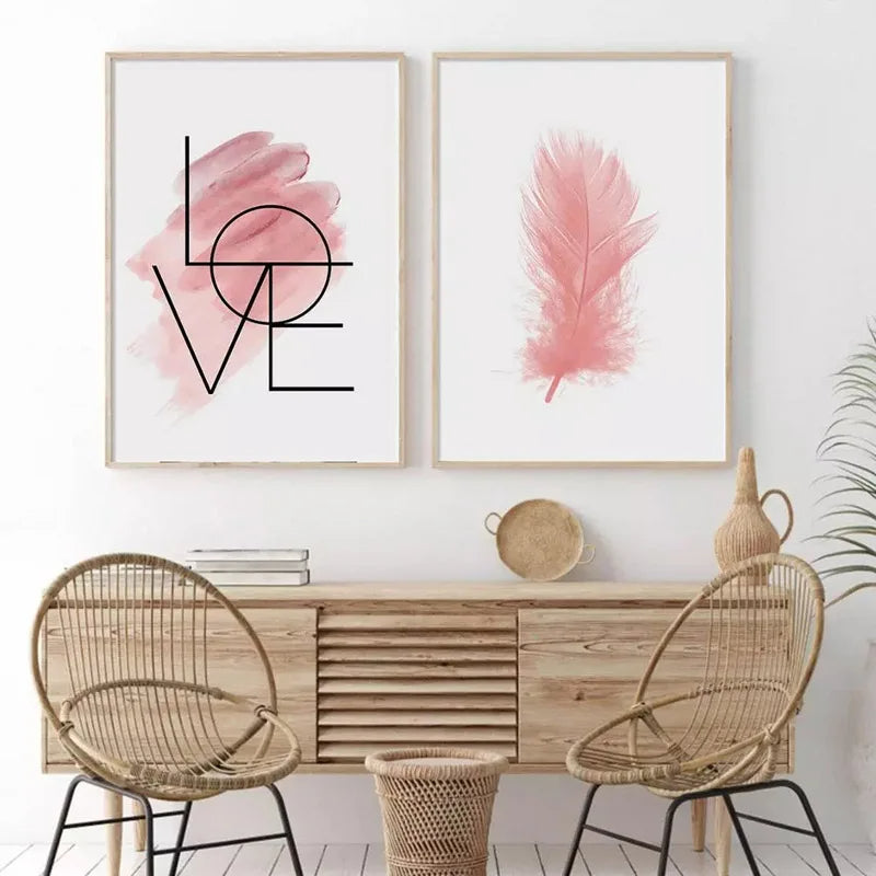 Blush Pink Love Feather Wandkunst Feine Kunst Leinwanddrucke Minimalistische Mode Bilder Für Wohnzimmer Mädchen Schlafzimmer Mode Kunst Dekor | Brehn