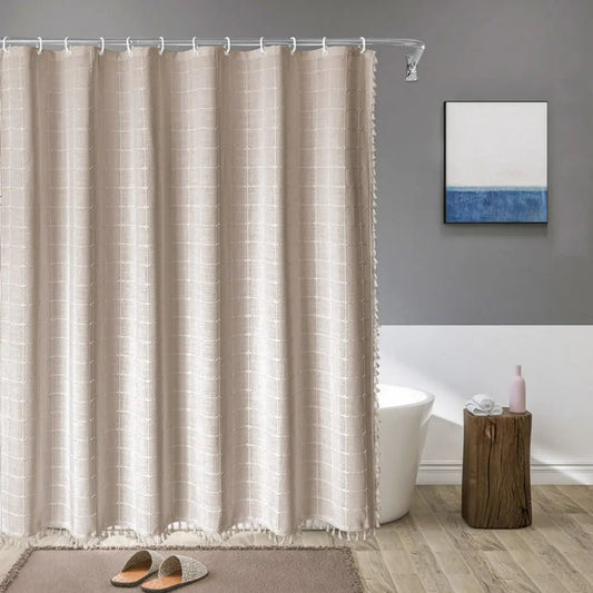 Duschvorhang aus Leinen im Boho-Stil mit Quasten und wasserdichtem Design
