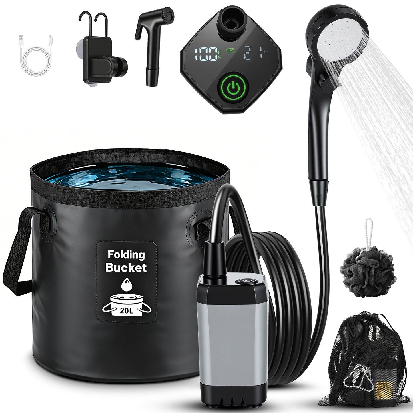 Tragbare Campingdusche Akku Outdoor Dusche mit 20L Falteimer | Brehn