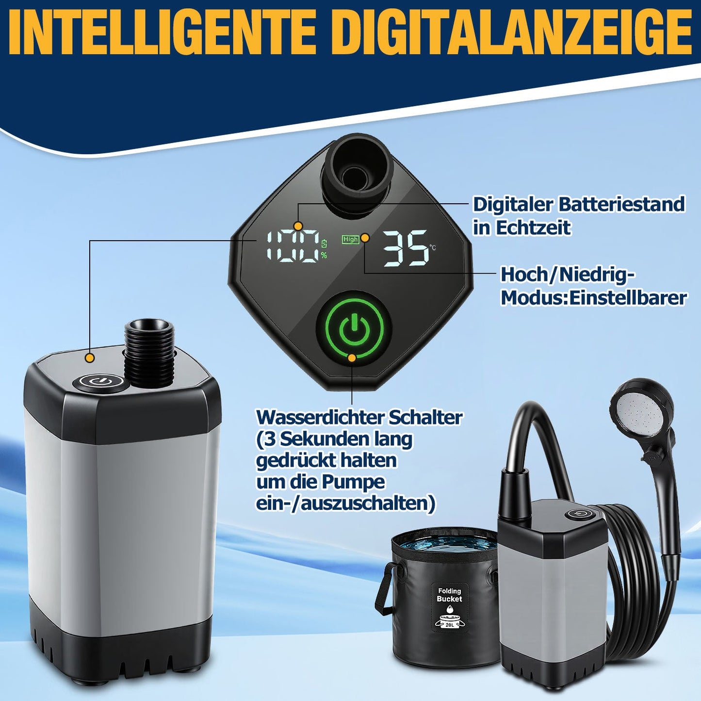 Tragbare Campingdusche Akku Outdoor Dusche mit 20L Falteimer | Brehn
