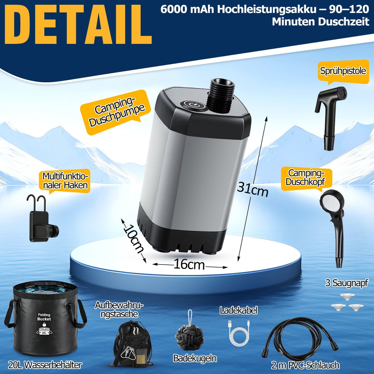 Tragbare Campingdusche Akku Outdoor Dusche mit 20L Falteimer | Brehn