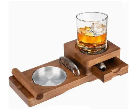 CigarOak Aschenbecher mit Whiskyhalter – Luxuriöses Holztablett für Zigarrenliebhaber