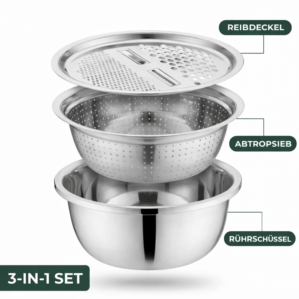 3-in-1 Rührschüssel-Set Edelstahl mit Reibe und Sieb | Brehn