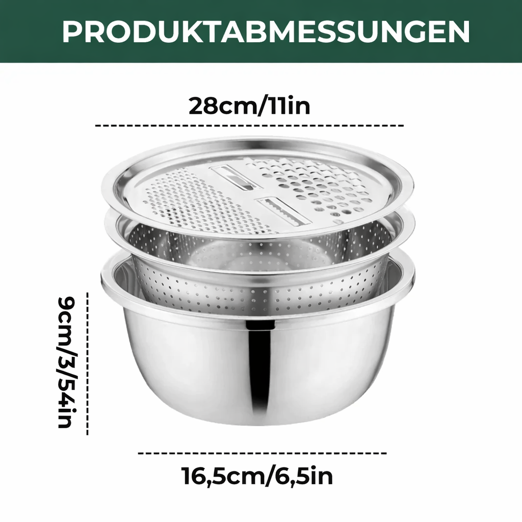 3-in-1 Rührschüssel-Set Edelstahl mit Reibe und Sieb | Brehn