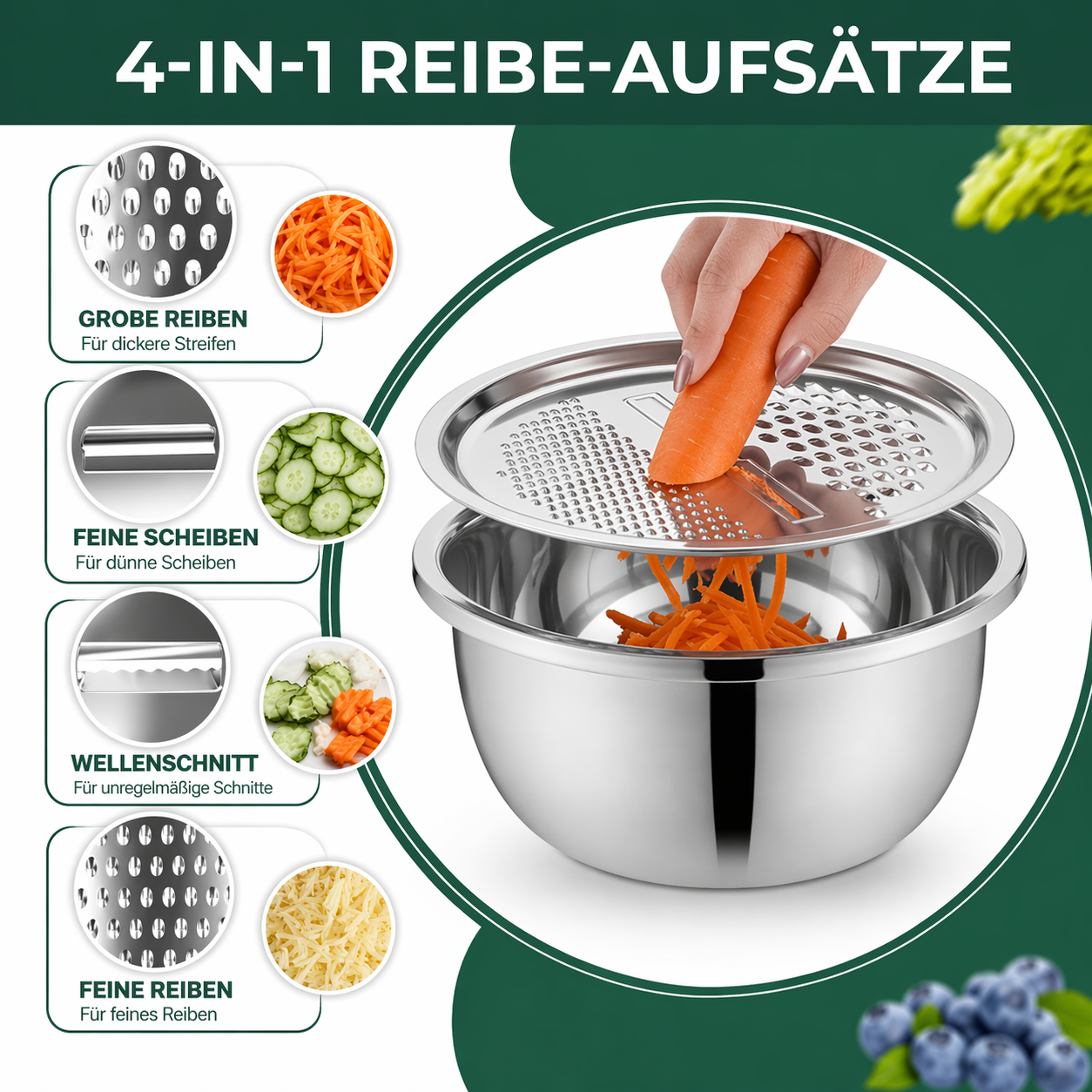 3-in-1 Rührschüssel-Set Edelstahl mit Reibe und Sieb | Brehn