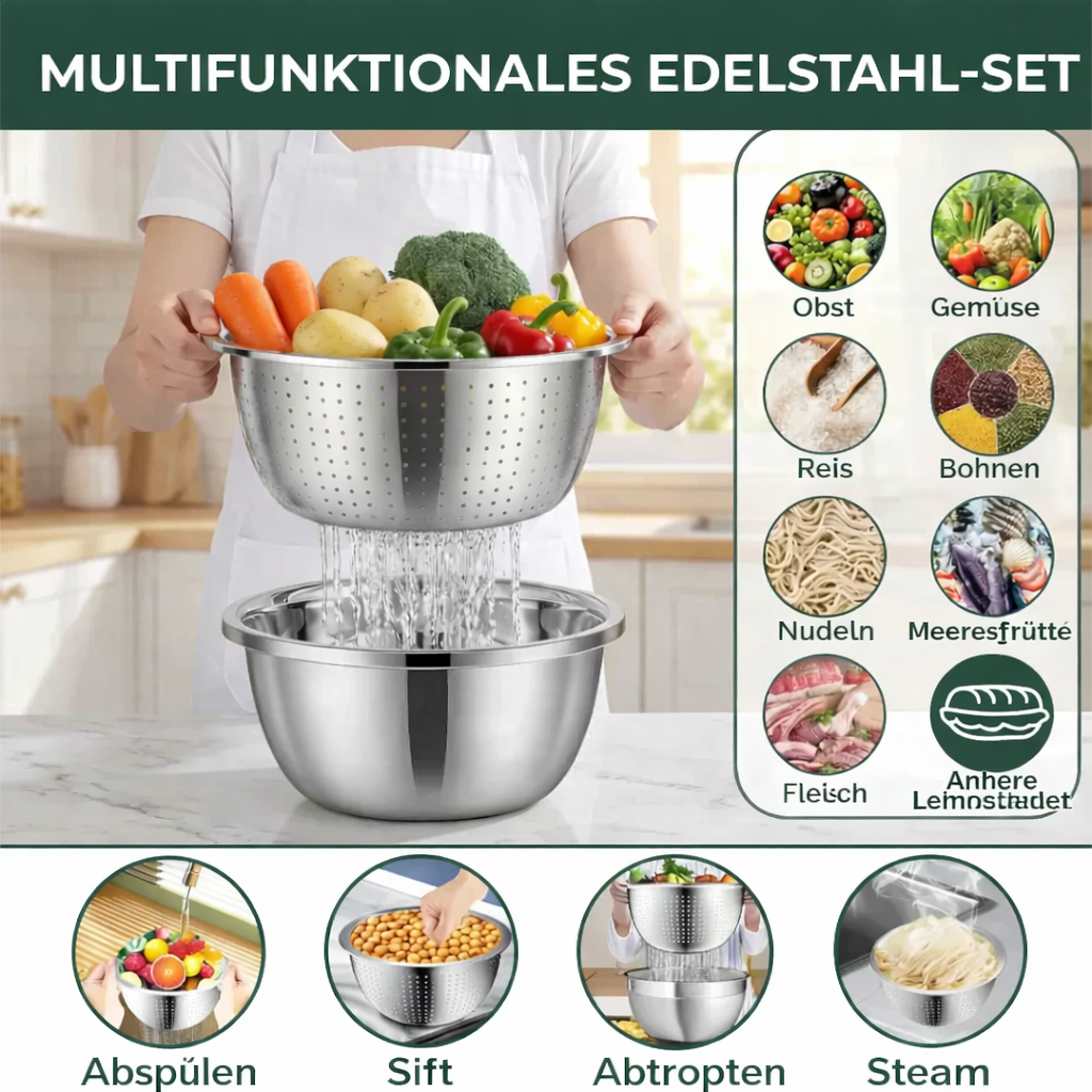 3-in-1 Rührschüssel-Set Edelstahl mit Reibe und Sieb | Brehn