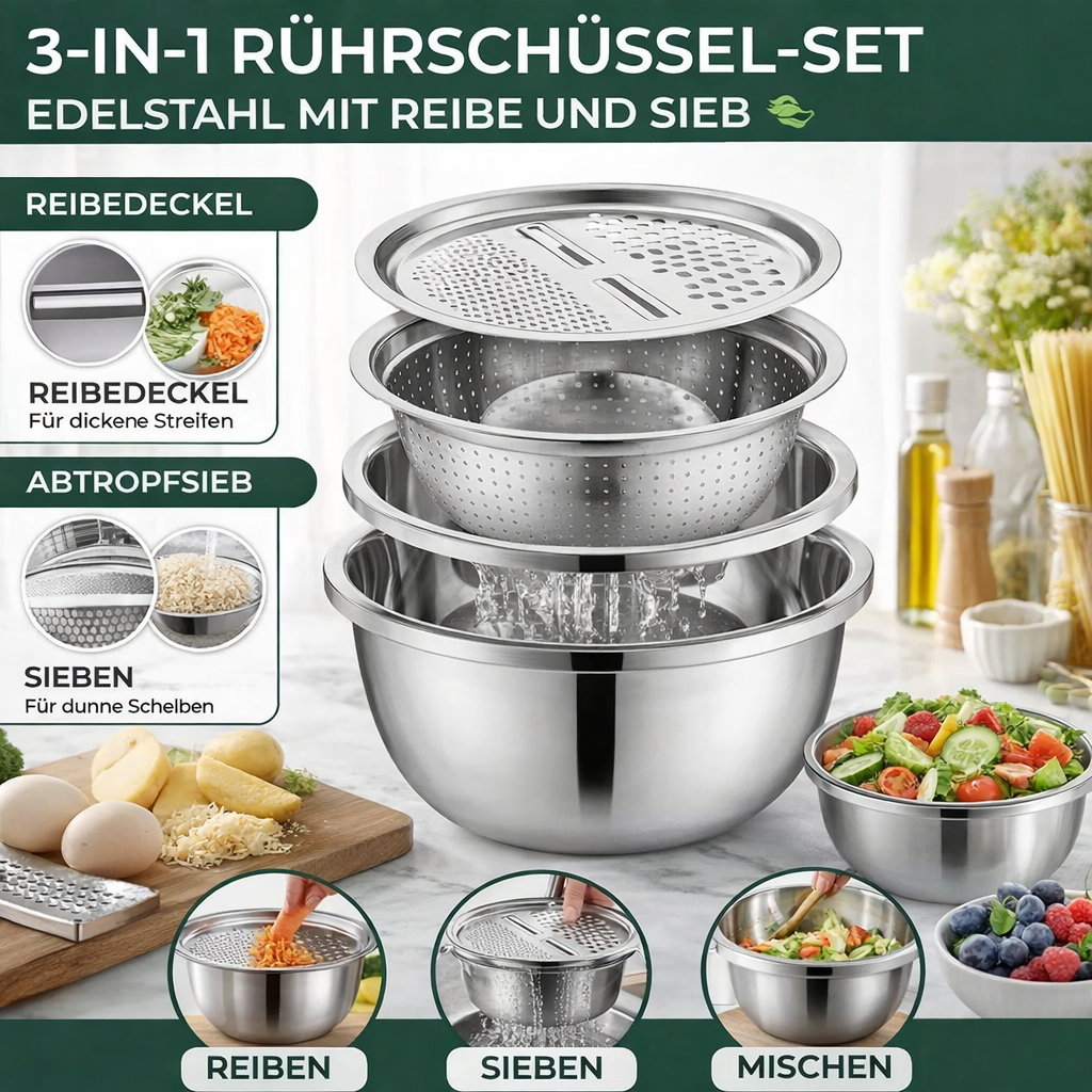 3-in-1 Rührschüssel-Set Edelstahl mit Reibe und Sieb | Brehn