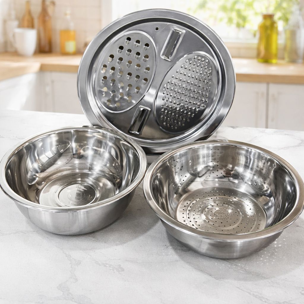 3-in-1 Rührschüssel-Set Edelstahl mit Reibe und Sieb | Brehn